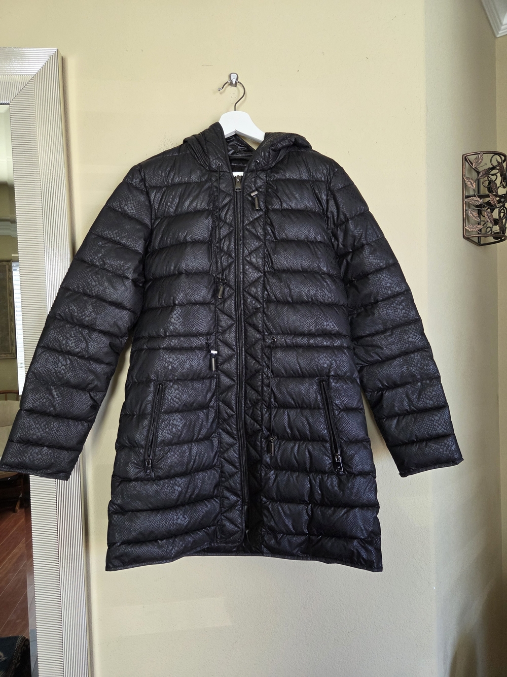 Kenneth Cole Snakeskin Women's Black Quilted Long Puffer Coat with Hood
